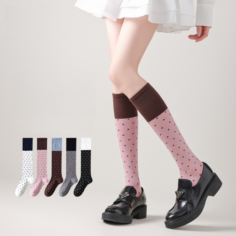Womens Polka Dot Knee High Socks Fashion Color Matching Sweet Girl Knee Socks